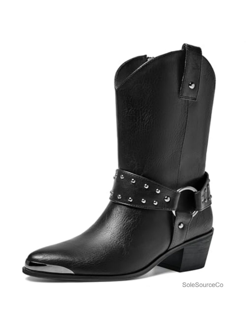 Women's Pointed Toe Harness Cowboy Boots Zip Ankle Bootie Block Heel
